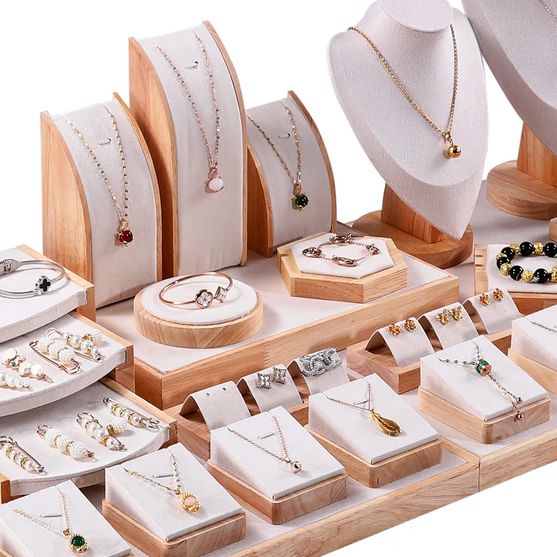 microfiber and wooden jewelry display set 7 microfiber display set